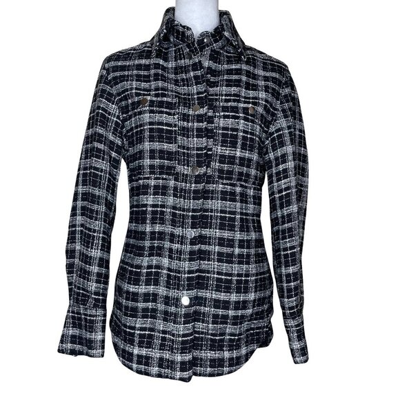 H&M Women's Black Check Thick Tweed Jacquard Shirt Jacket Accent Buttons Size XS - Picture 2 of 13